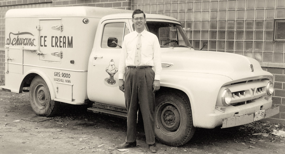 Marvin Schwan stands in front of a refrigerated vehicle