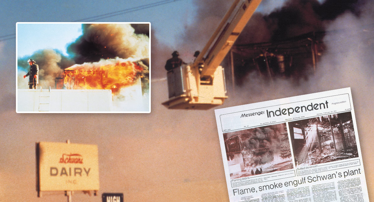 A collage: firemen work on the scene. A newspaper article covers the story