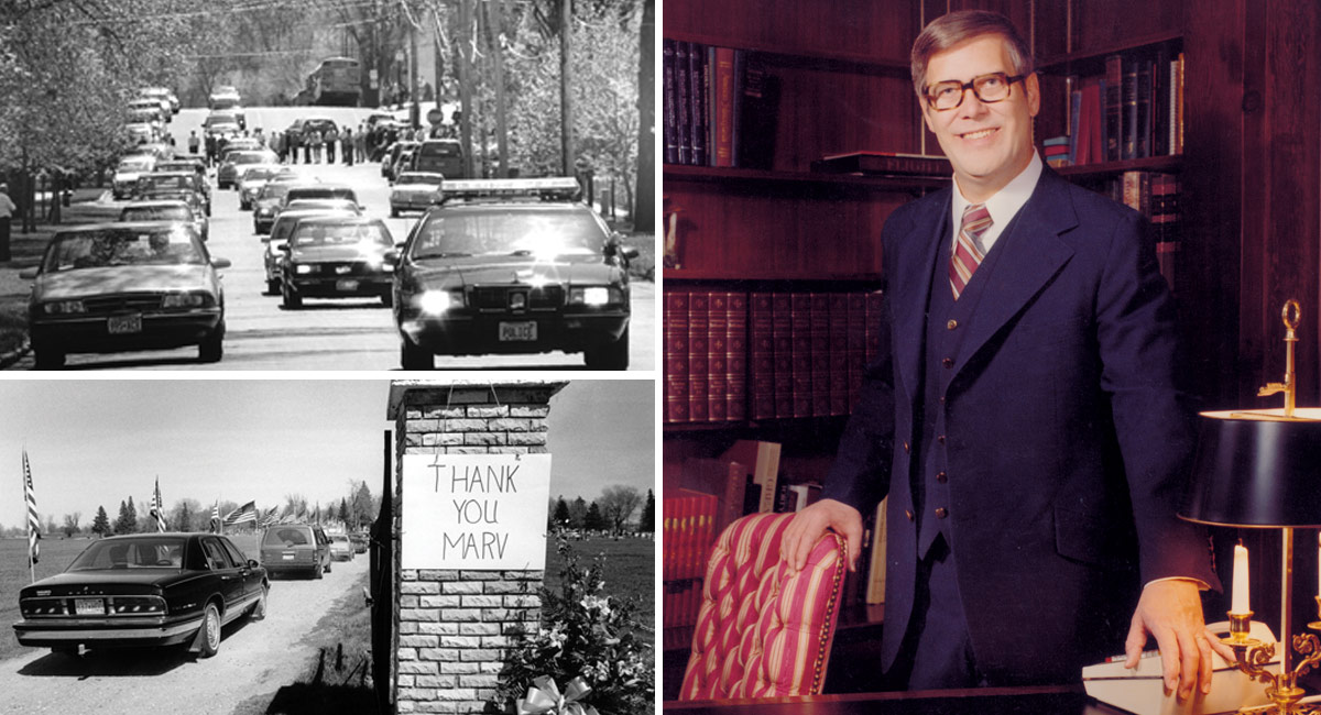 A collage: Marvin Schwan stands behind his desk. A line of cars fill the street for Marvin's funeral procession