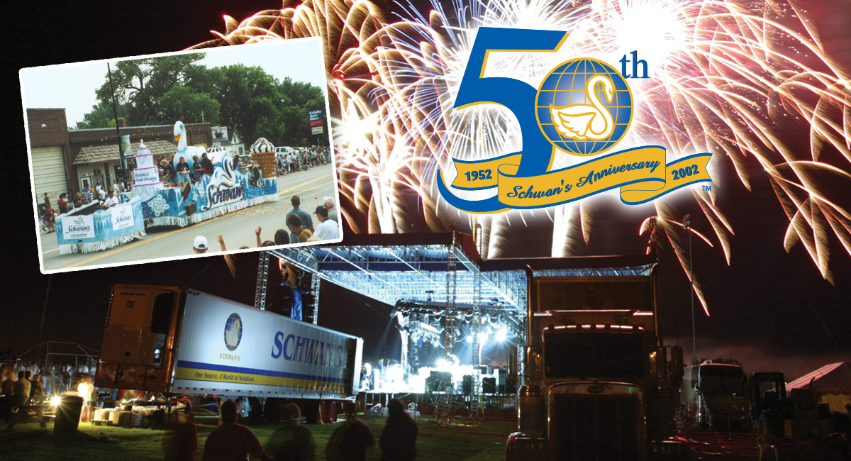 A collage: A Schwan's float rolls through the parade. Above a lit stage, fireworks fill the night sky