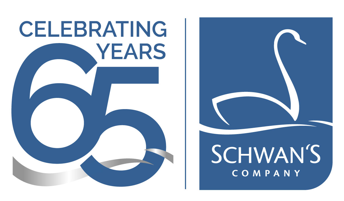 Celebrating 65 years graphic sits next to the new Schwan's Company logo