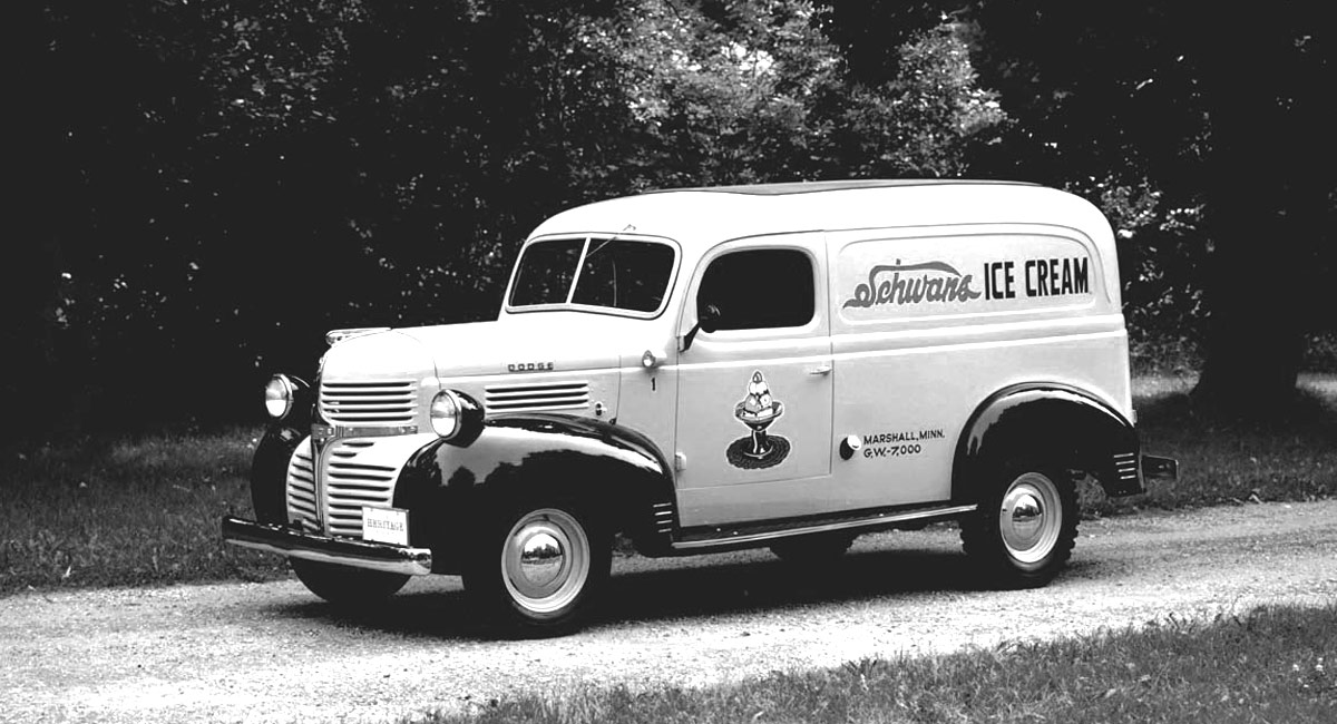 A Schwan's ice cream truck on a gravel road