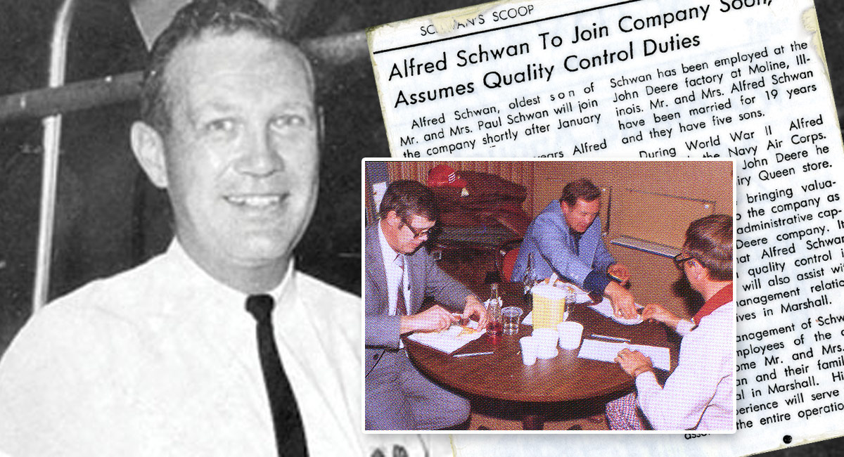 A collage of two pictures of the Schwan brothers and a newspaper clipping announcing Alfred joining the company