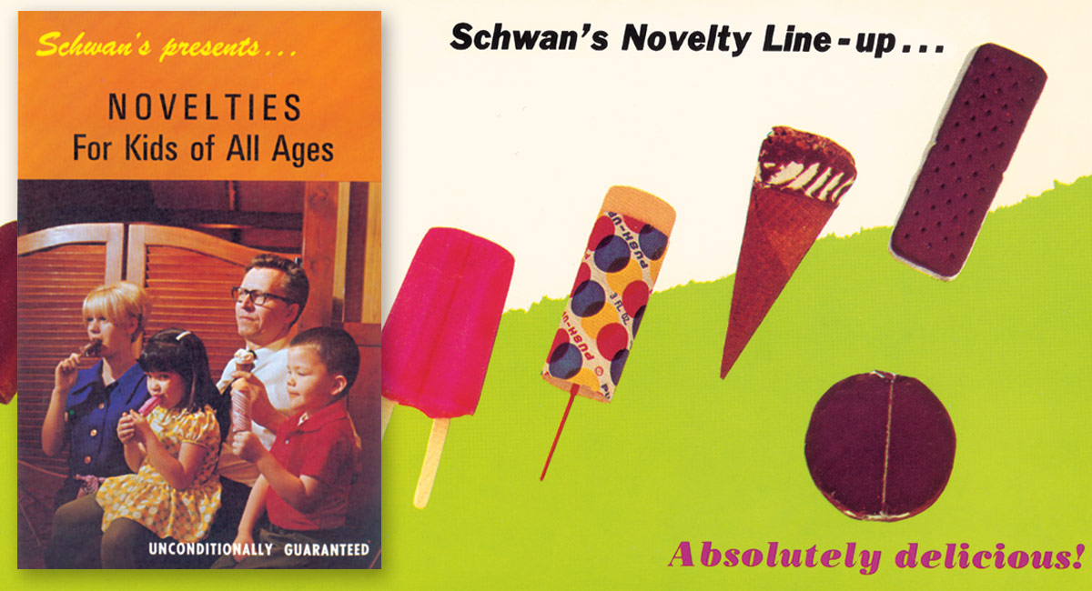 An old advertisement of Schwan's novelties showing a family enjoying ice cream treats and a graphic of the novelty line-up