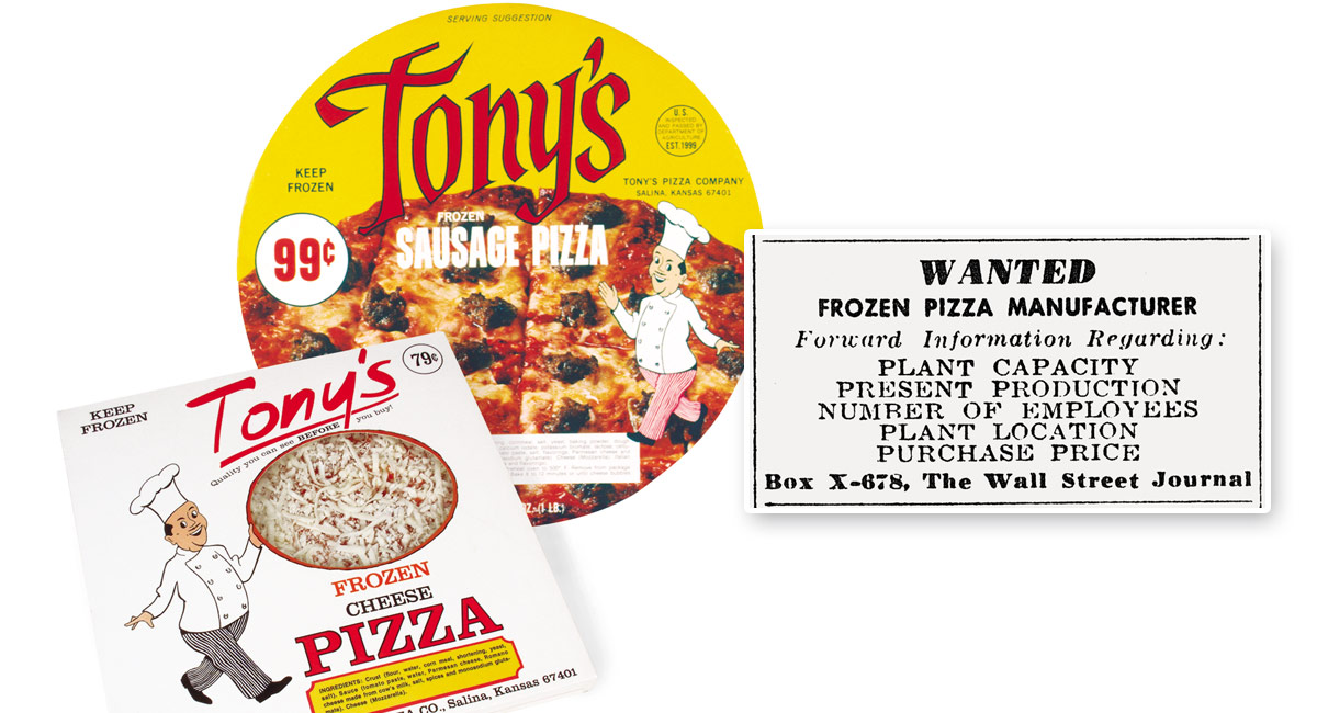 A collage of two Tony's® pizza packages and the Wall Street Journal ad