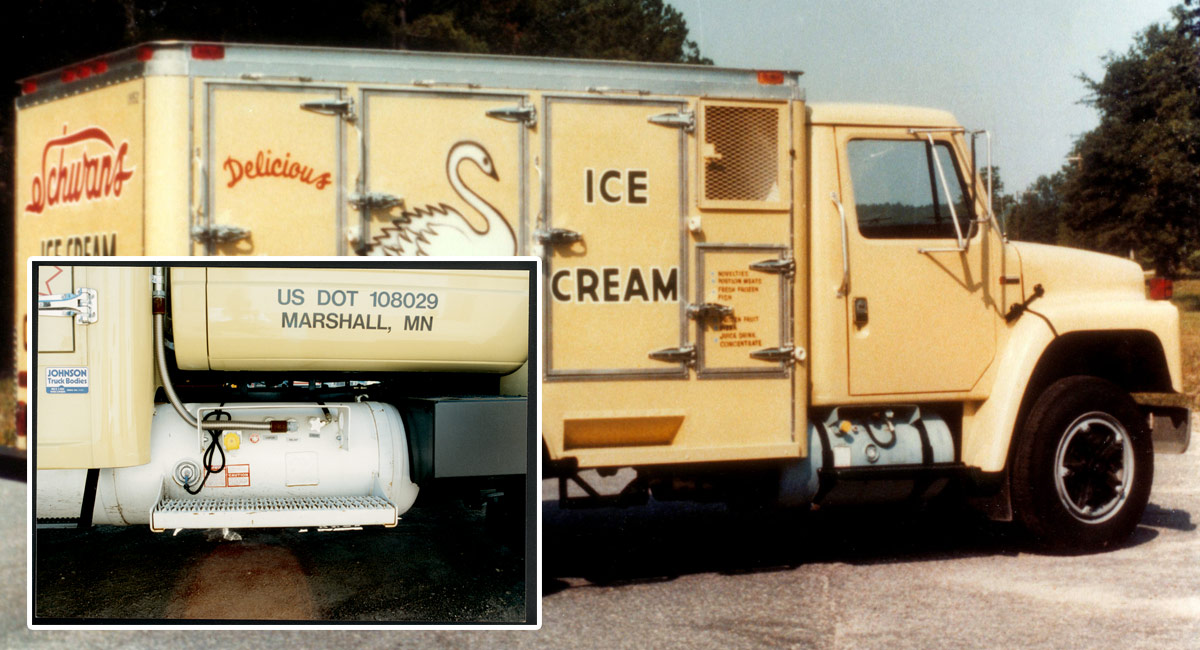 A Schwan's truck exhibiting a propane tank