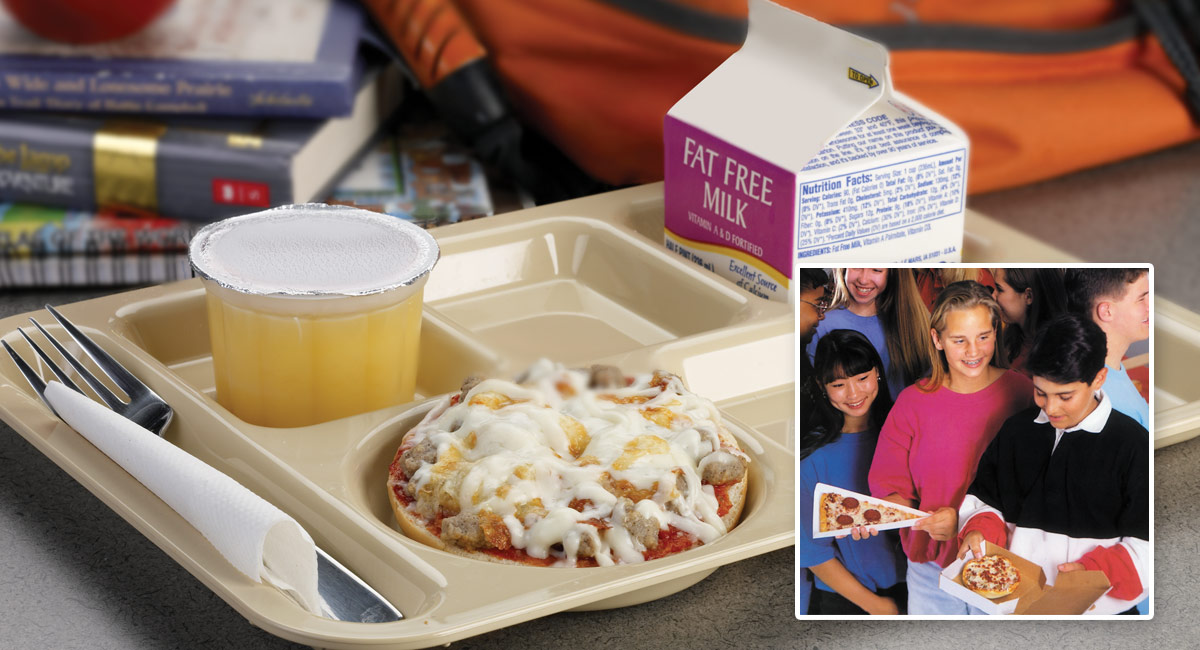 A collage: Pizza sits on a school lunch tray. Students stand in line for Schwan's Food Service pizza