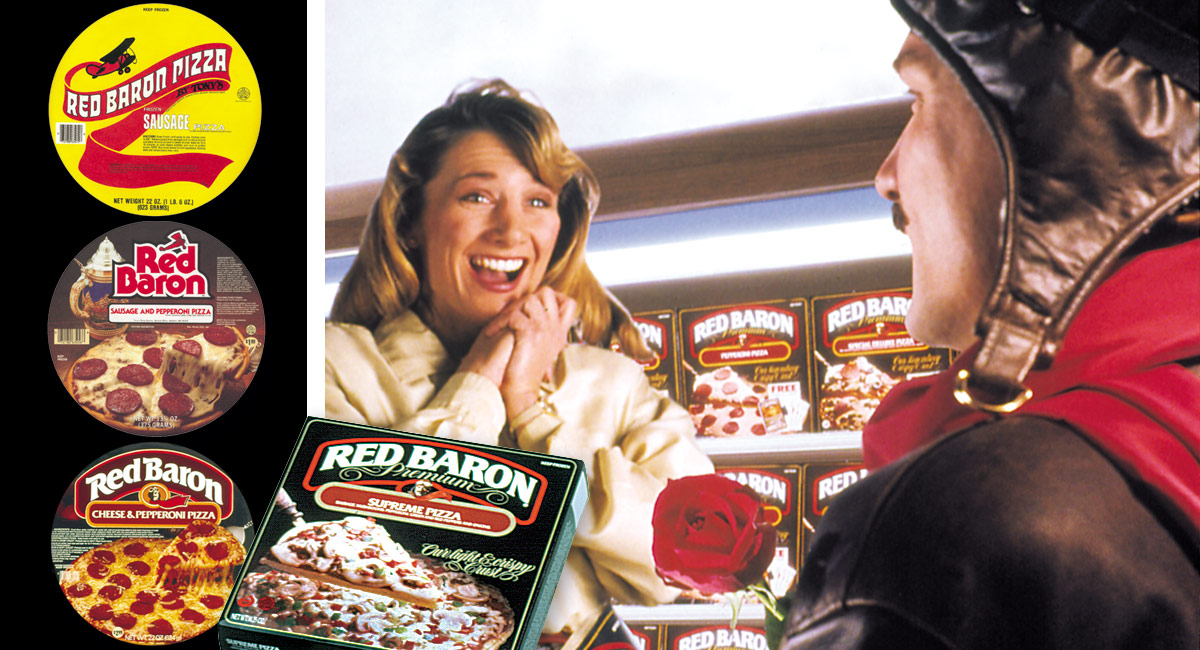 A collage: Four generations of Red Barron® pizza packaging