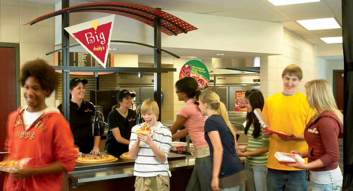 Students line up to get a slice of Schwan's Food Service's Big Daddy's® pizza