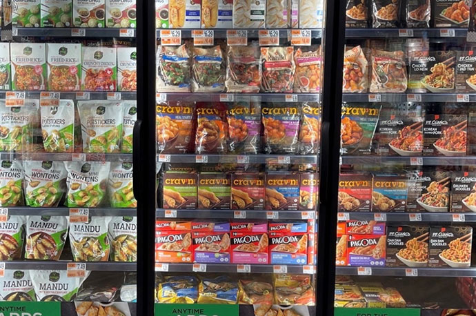 Bibigo and PAGODA® offerings together on grocery freezer shelves